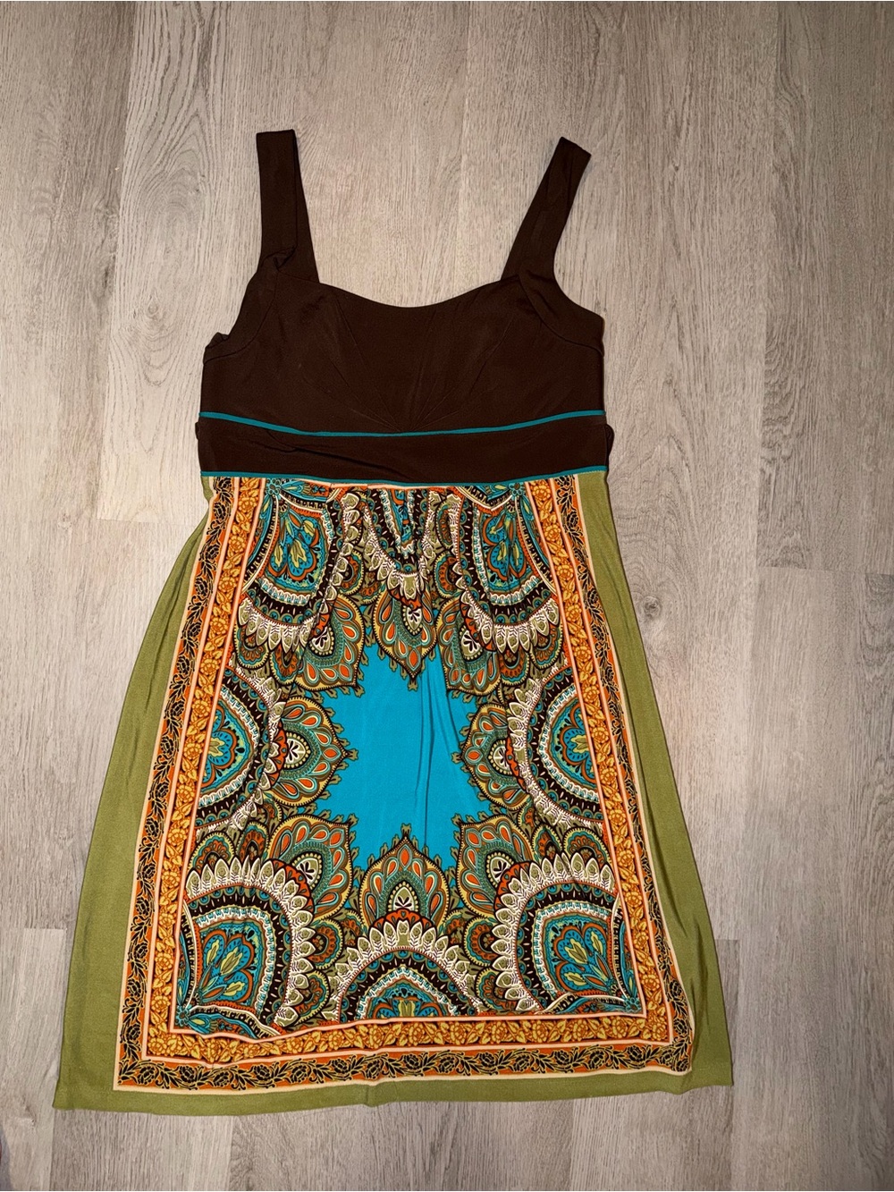 Saint Tropez West Brown Bodice Midi Dress with Teal & Olive Print